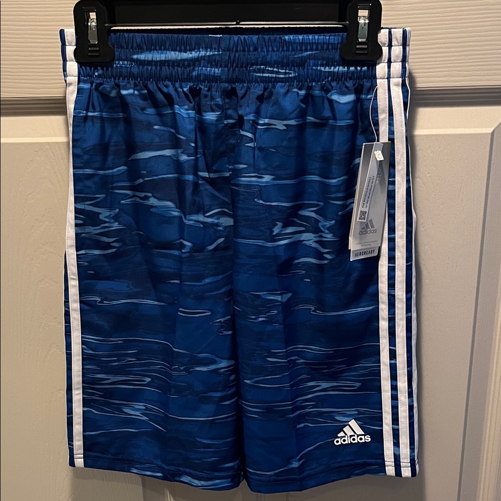 Adidas Boys Blue Patterned Shorts with White Stripes